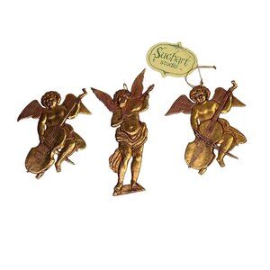 Vtg Suchart Studio Gold Punched Tin Angel Cherub Christmas Ornaments folk art